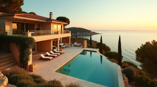 Aerial view of a luxury villa in Saint-Tropez overlooking the Mediterranean Sea at sunset