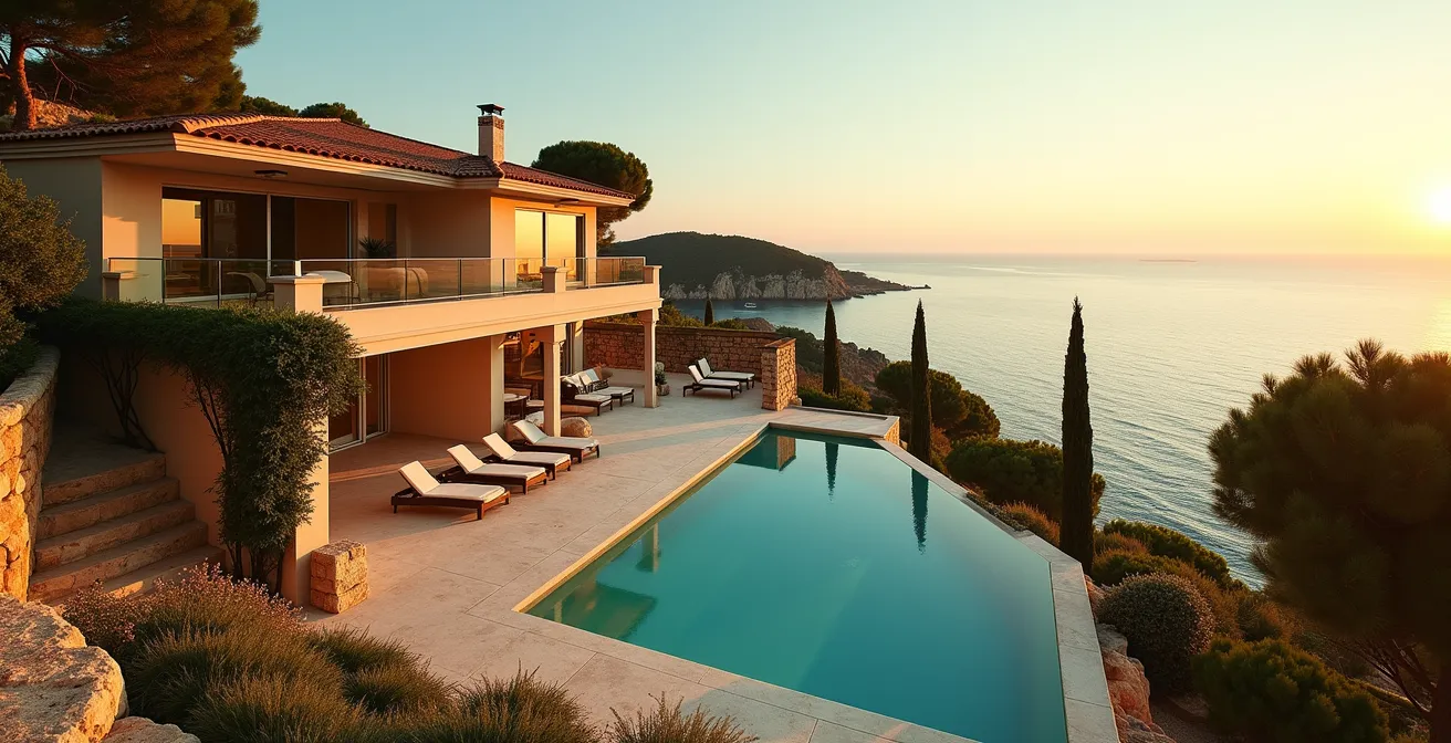 Aerial view of a luxury villa in Saint-Tropez overlooking the Mediterranean Sea at sunset