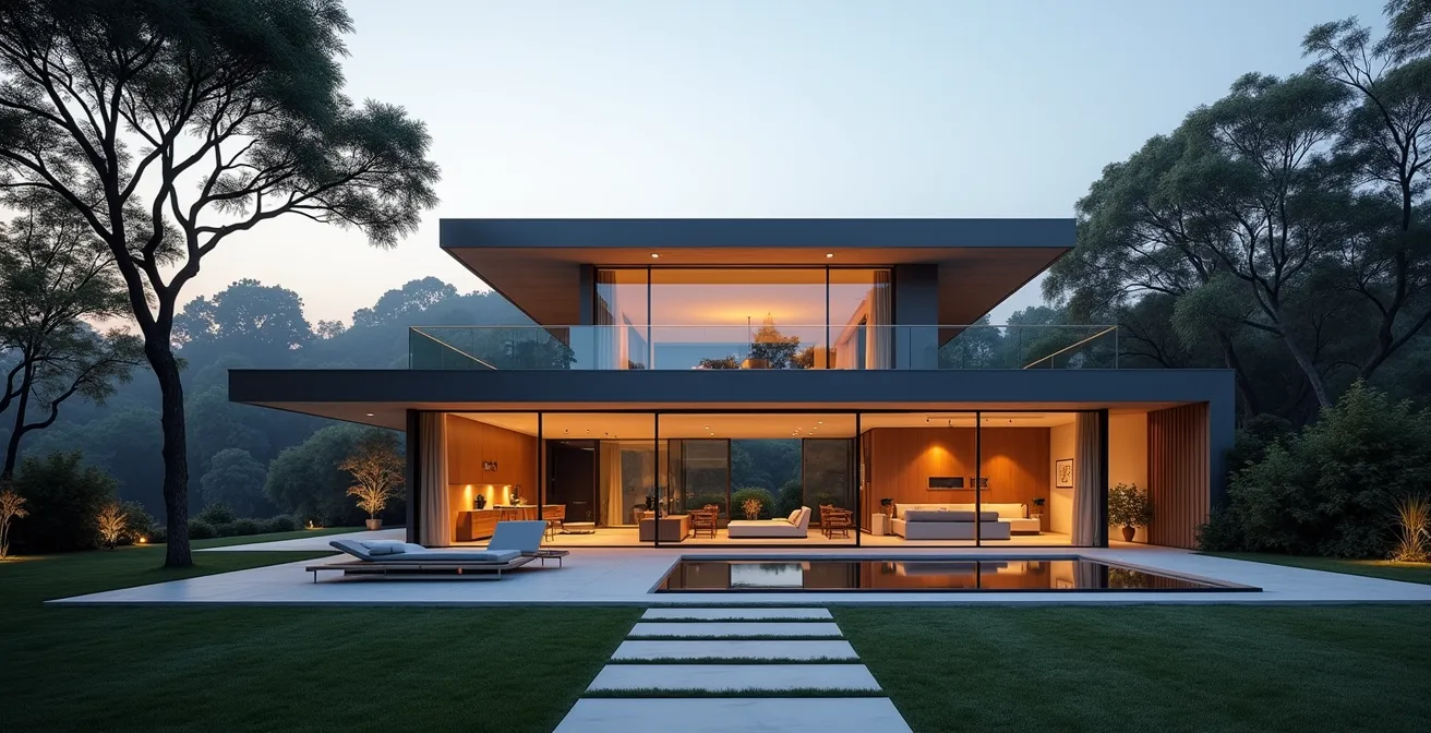 Minimalist exterior of a smart villa surrounded by privacy landscaping
